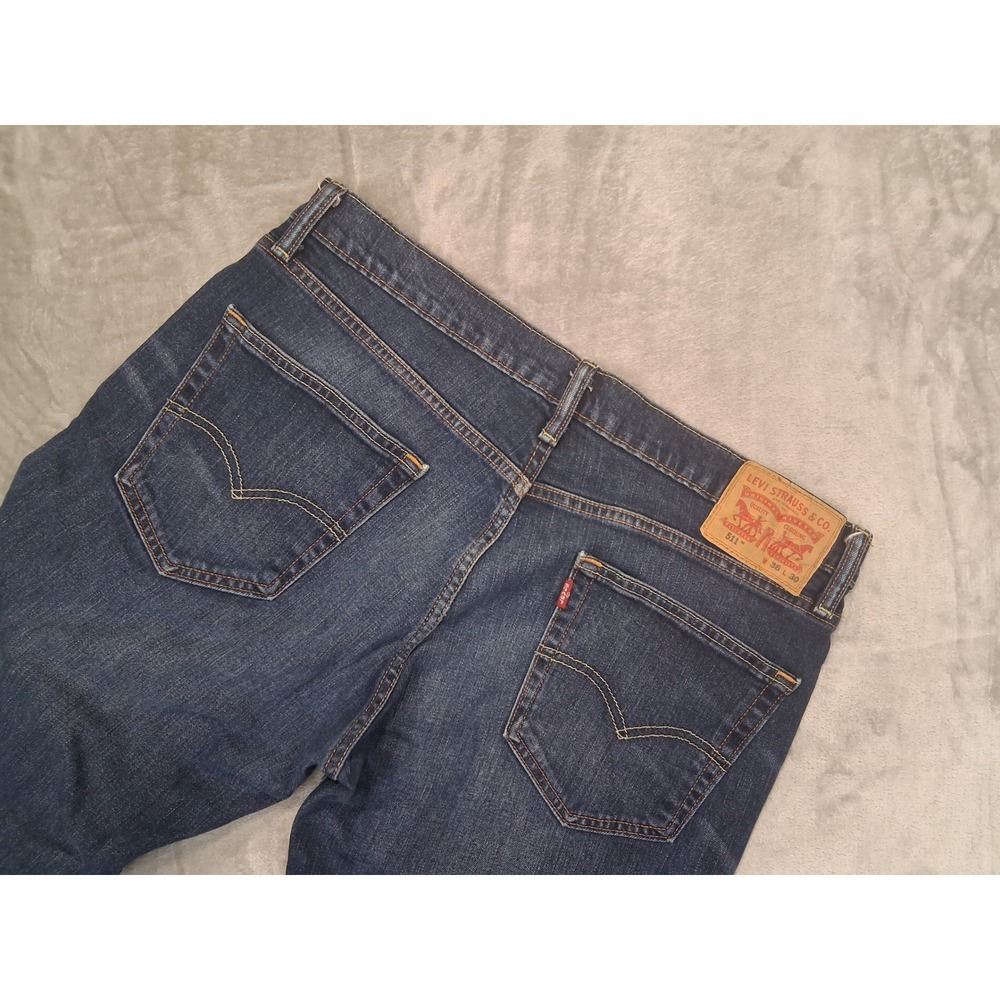 Levi's 511 Mens 36x30 Slim Fit Straight Leg Whiskered Fade Stretch Blue Jeans